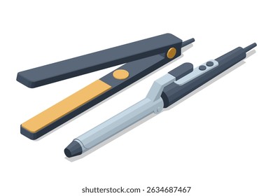 Isometric vector of flat iron and curling iron for professional hairstyling. Modern tools used by barbers and stylists in beauty salons and hair studios.