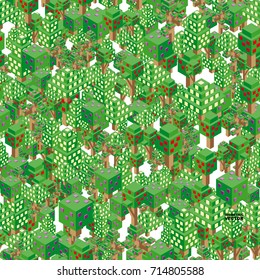 Isometric vector flowering trees pattern for forest, park, city. Seamless background. Landscape constructor kit icons for game, map, prints, ets.