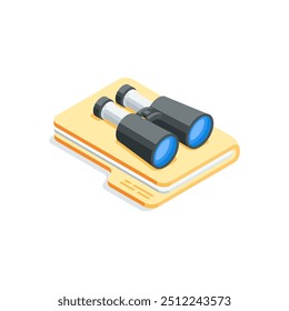 isometric vector folder and binoculars, in color on a white background, search by catalog or folder