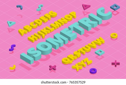 Isometric Vector Font. Letters In Bright Colors On Isometric Grid. 3d The Volumetric Letters. Bright Colored Game Elements.