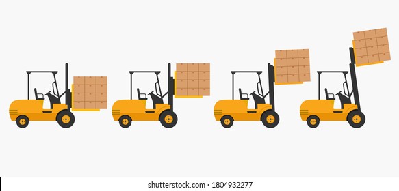 Isometric vector forklift truck isolated on white. Storage equipment icon set. Forklifts in various combinations, storage racks, pallets with goods for infographics.