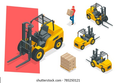 Isometric vector forklift truck isolated on white. Storage equipment icon set. Forklifts in various combinations, storage racks, pallets with goods for infographics.