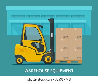 Isometric vector forklift truck isolated on white. Storage equipment icon set. Forklifts in various combinations, storage racks, pallets with goods for infographics. Side view
