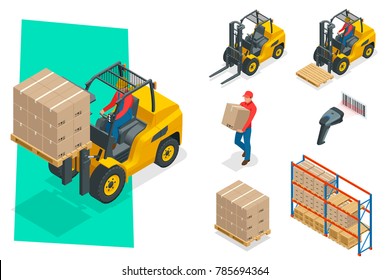 Isometric vector forklift truck isolated on white. Storage equipment icon set. Forklifts in various combinations, barcode, storage racks, pallets with goods for infographics.