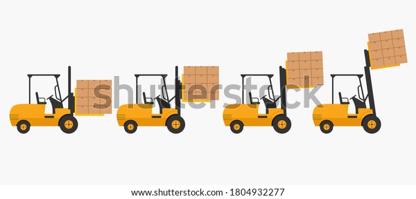 Isometric vector forklift truck\
isolated on white. Storage equipment icon set. Forklifts in various\
combinations, storage racks, pallets with goods for\
infographics.