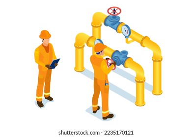 Isometric vector of a gas industry maintenance men opening or closing pipeline valve. Gas industry, gas transport system concept 