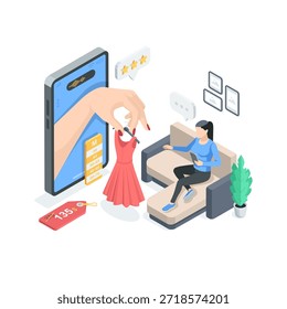 Una chica de Vector isométrico en un sofá que elige un vestido en la pantalla de un teléfono inteligente, en color sobre un fondo blanco, tienda en línea o compras en el sofá
