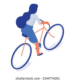 Isometric vector Girl riding bicycle. Back view. Cycling, Outdoor activity. Vector character isolated on white background.