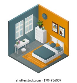 Isometric vector gradient modern bedroom. Grey floor and yellow walls. White minimalistic furniture. A bed, a chest of drawers, a makeup table, paintings, and a clock. Square composition.