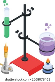 Isometric vector graphic depicting a chemical experiment with a test tube and beaker on a stand, heated by Bunsen burners. Suitable for educational and scientific design projects.