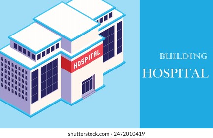 Isometric Vector Graphic: Modern Hospital Building with Prominent Red Cross Symbol on Blue Background