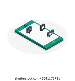 Isometric vector of a green smartphone lying flat, with chat bubbles showing like, heart, and hello text. Suitable for social interaction and tech topics.