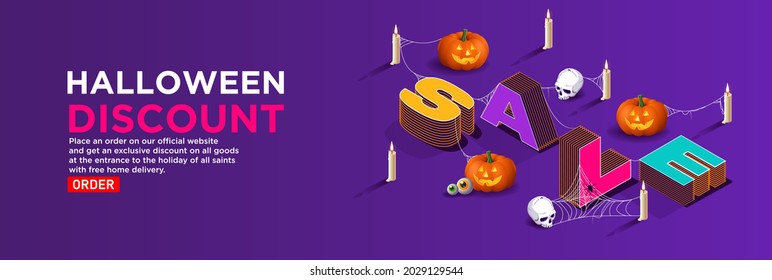 Isometric vector halloween. Autumn sale in online stores. Promotions and discounts concept. Volumetric letters surrounded by Jack's pumpkin lantern with skulls and candles in the web. Order delivery