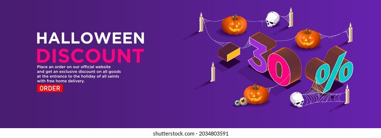 Isometric vector halloween. Autumn sale in online stores. Promotions and discounts concept. Volumetric letters surrounded by Jack's pumpkin lantern with skulls and candles in the web. Order delivery