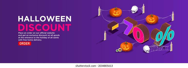 Isometric vector halloween. Autumn sale in online stores. Promotions and discounts concept. Volumetric letters surrounded by Jack's pumpkin lantern with skulls and candles in the web. Order delivery