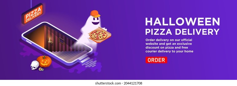 Isometric vector. Halloween delivery service banner. A telephone with a staircase to the basement. Ghost courier with a box of pizza in a cap, pumpkin lantern. Order a purchase in the online store