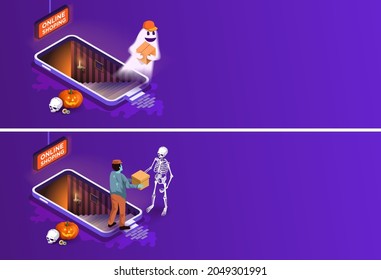 Isometric vector. Halloween delivery service banner collection. Telephone with stairs to the basement. Ghost courier with a box in a cap, a skeleton, a pumpkin lantern. Order in the online store 