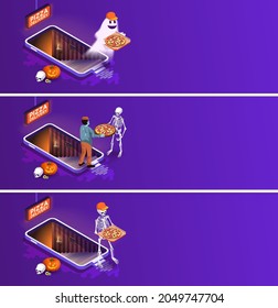 Vector isométrico. Colección de banners del servicio de entrega de Halloween. Teléfono con escaleras en el sótano del restaurante. Corredor zombi, fantasma y esqueleto regalan pizza. Solicitar comida en la tienda 