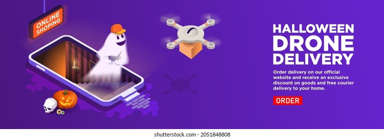 Isometric vector. Halloween delivery service drone. A telephone with a staircase to the basement. Ghost courier with a remote control in a cap, a pumpkin lantern. Order a purchase in the online store