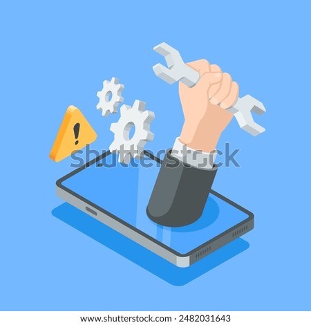 isometric vector hand with a wrench from a smartphone screen and a gear, in color on a blue background, setting up and repairing smartphones and other gadgets