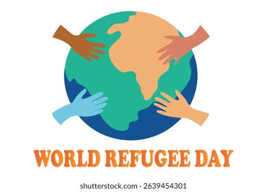 Isometric vector of hands with different skin tones holding a globe, representing global unity and refugee support. "World Refugee Day" text on white background. Perfect for awareness visuals. - Powered by Shutterstock - Get 15% off with code: PIKWIZARD15