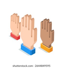 Isometric vector hands raised upward, in color on a white background, support or voting