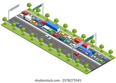 An isometric vector highway scene showing intense traffic congestion. Trucks, buses, and cars are tightly packed. Lush green trees and road signs are present along the road. Traffic jam