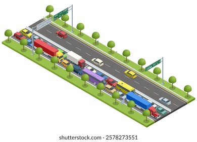 An isometric vector highway scene showing intense traffic congestion. Trucks, buses, and cars are tightly packed. Lush green trees and road signs are present along the road. Traffic jam