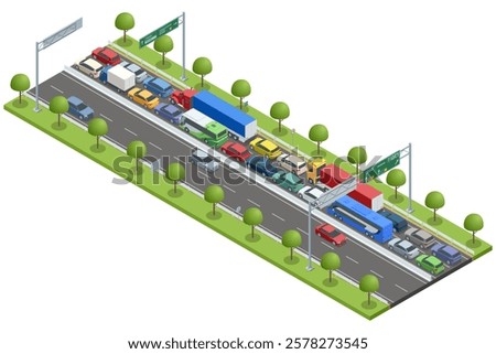 An isometric vector highway scene showing intense traffic congestion. Trucks, buses, and cars are tightly packed. Lush green trees and road signs are present along the road. Traffic jam