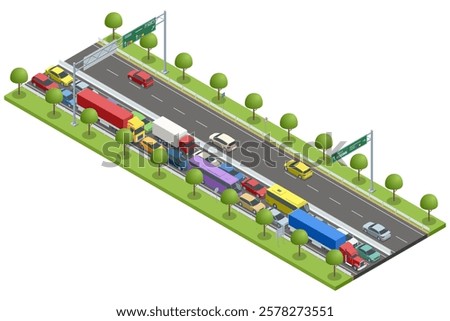 An isometric vector highway scene showing intense traffic congestion. Trucks, buses, and cars are tightly packed. Lush green trees and road signs are present along the road. Traffic jam