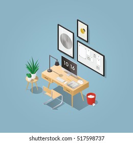 Isometric Vector Home Office Concept Illustration. Workplace Interior Set: Mid Century Office Table, Modern Chair, Pictures, Board, Home Plants, Desktop Computer, Lamp, Trash Can, Letters, Keyboard.