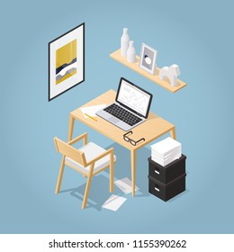 Isometric vector home office illustration. Cosy workplace interior set: table, modern chair, picture, shelf, pile of paper, desktop computer, keyboard, mouse, glasses. Working from home concept.