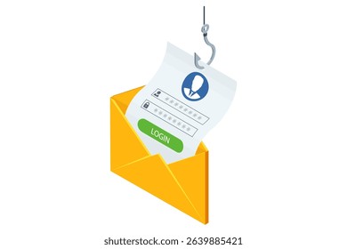 Isometric vector of a hooked login form pulled from an open yellow envelope by a fishhook, symbolizing hacker credential theft and deceptive phishing email. Phishing attack
