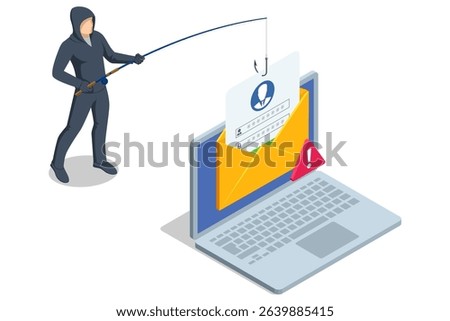 Isometric vector of a hooked login form pulled from an open yellow envelope by a fishhook, symbolizing hacker credential theft and deceptive phishing email. Phishing attack