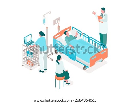 Isometric vector of a hospitalized elderly man in bed, talking with a doctor. A family member is visiting and the nurse records data on a laptop cart