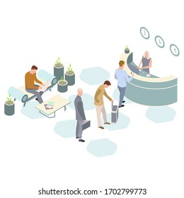 Isometric Vector hotel reception. Receptionists at the counter welcoming. Reception service hotel desk. Customer are working at the coffee table. Illustration, 3d.