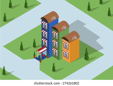 isometric vector hotel for travelers and guests with large comfortable rooms, rooms for rest and lodging