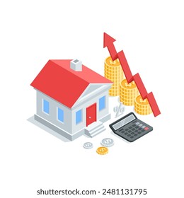 isometric vector house and coins with arrow and calculator, in color on a white background, real estate market or housing money