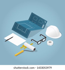 Isometric vector house construction illustration. Blueprint of a house, workers helmet, paint roller, paper and adhesive tape. Repair and renovation concept.