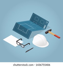 Isometric vector house construction illustration. Blueprint of a house, workers helmet, paper and hammer. Repair and renovation concept.