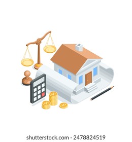 isometric vector house on a sheet of paper and a pencil as well as scales with a stamp and a calculator with coins, in color on a white background, planning and legal construction of housing