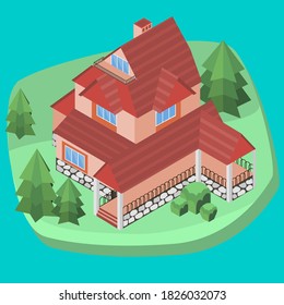 Isometric vector house with two floors and an attic, trees and bushes.