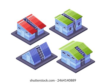 Isometric Vector Houses With Colored Roofs And Metal Frame Structures For Architectural And Real Estate Concepts