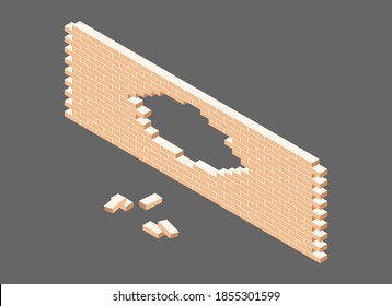 Isometric Vector Icon Of Broken White Brick Barrier. A Vector Illustration Of A Hole In A Brick Firewall. Cracked Yellow Brick Wall Isolated On Gray Background. Pile Of Bricks. 3D. Vector Illustration