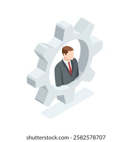 isometric vector icon of business man inside gear, in color on white background, administrator or worker profile settings