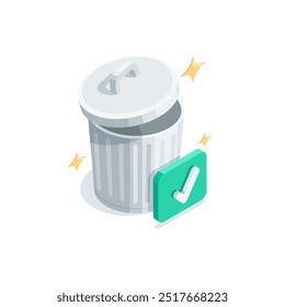 isometric vector icon of check mark and trash can with lid, in color on white background, successful removal to recycle bin