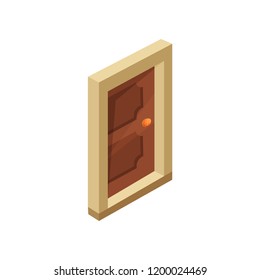 Isometric vector icon of closed entrance wooden door with golden handle. Element for mobile or computer game