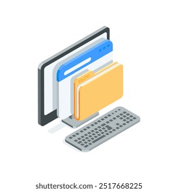 isometric vector icon computer and folder in program window, in color on white background, working with data or root directory