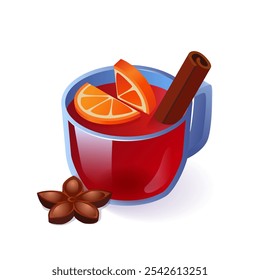 Isometric Vector Icon of a Cup of Mulled Wine or Hot Beverage with Cinnamon Stick, Orange Slices, and Star Anise