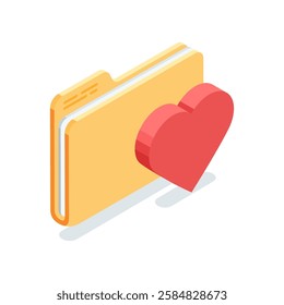 isometric vector icon folder and heart, in color on white background, favorite or bookmarked